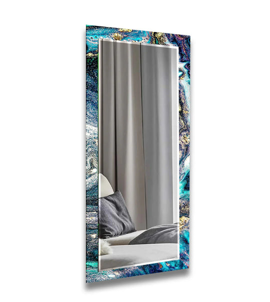 Galaxy Teal & Gold Round Glass Wall Mirror – Cosmic Abstract Accent - MyPhotoStation