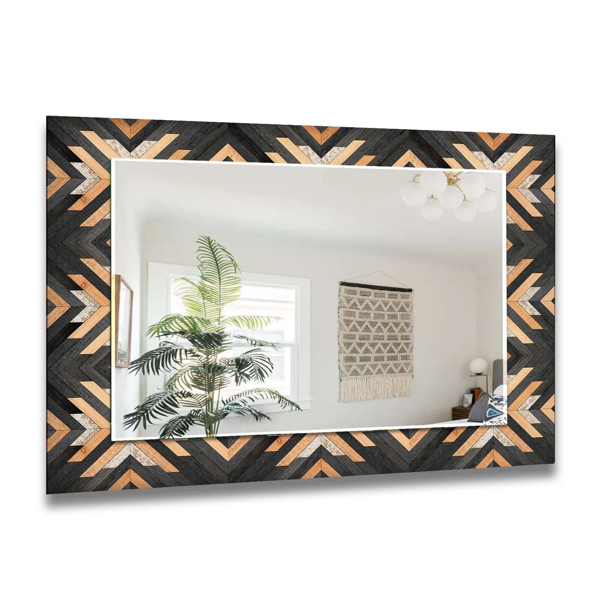 Negative space highlights the dynamic chevron pattern of this wood design black orange framed wall mirror, creating a striking focal point.