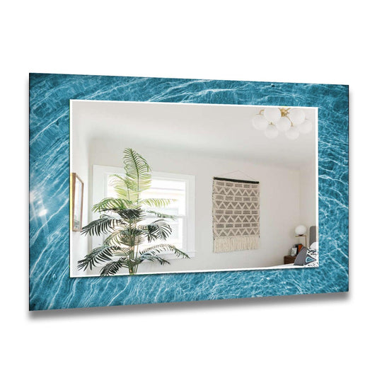 Blue sea waves decorative wall mirror with a vibrant blue rippling water frame a coastal ocean design and an abstract mirror theme