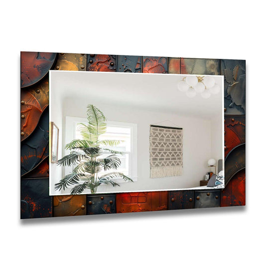 Decorative Wall Mirrors with an abstract metal effect frame showing industrial texture in black orange and gray and visible rivet accents
