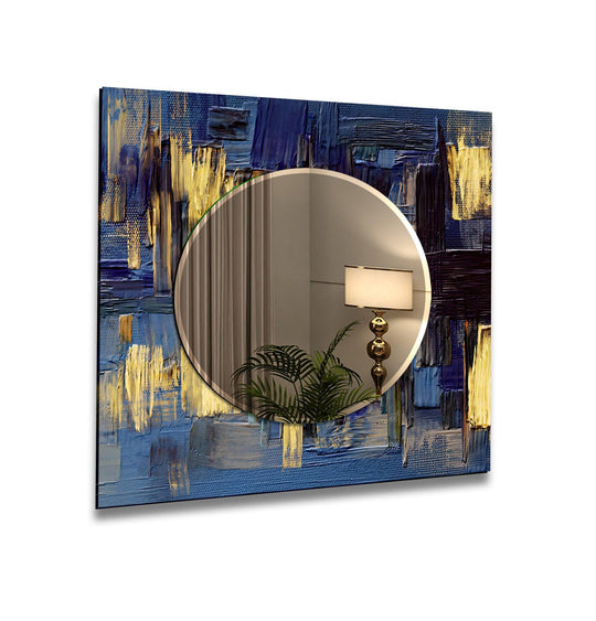 A decorative wall mirror with a bold abstract blue and yellow painting and a central round reflective surface for an artistic statement