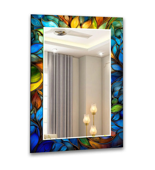 The decorative wall mirror has a blue and yellow floral pattern and is a stained blue wall mirror for vibrant artistic decor
