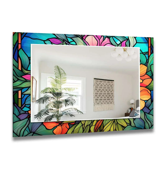 The floral wall mirror features a green and orange flower design and is decorative wall mirrors perfect as an orange and green entryway mirror and a large living room mirror