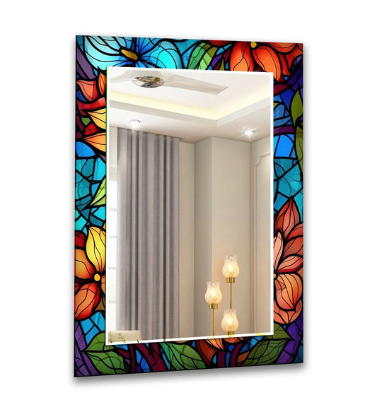 The floral wall mirror shows orange and blue flowers and the lighted bathroom mirrors offer a stained glass mirror style for a vibrant floral design