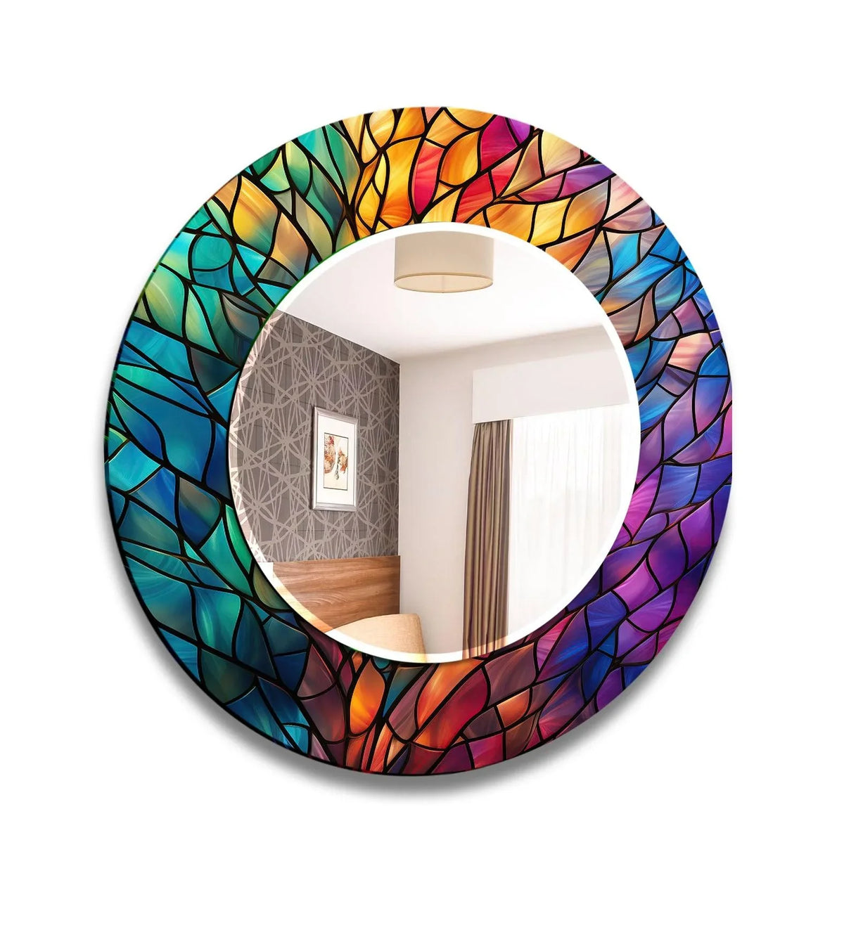 Reflecting a modern bedroom scene, this round wall mirror features a colorful stained glass-inspired frame, ideal for decorating with wall mirrors to enhance vibrant home decor.