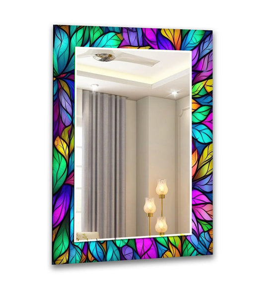 The wall mirror features colorful leaf pattern and it is a large wall mirror and a vibrant glass décor accent with a stained glass mirror effect