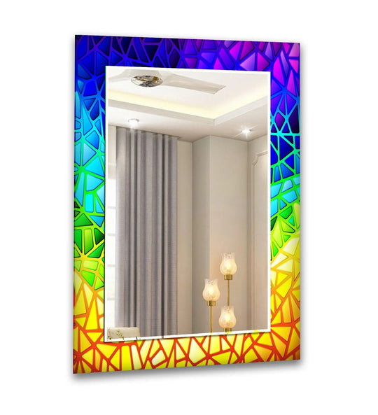 The wall mirror features a rainbow colored stained design and it is bold and vibrant perfect as a colorful wall mirror art for any room