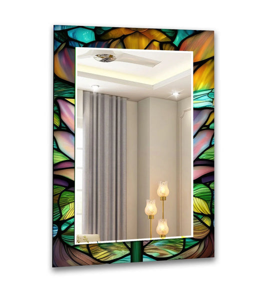 The decorative wall mirror features a green and brown stained glass design and it is a stained glass mirror providing vibrant colored glass art