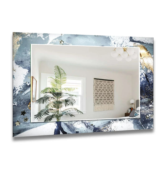 Stardust Splash Glass Wall Mirror – Blue Gold Abstract Design - MyPhotoStation