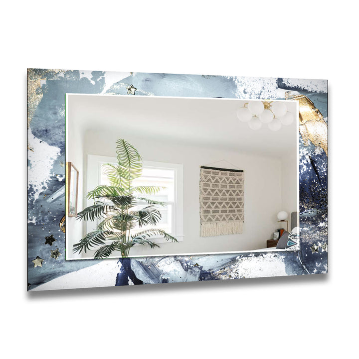 Stardust Splash Glas-Wandspiegel – Blau-Gold-Abstraktes Design 