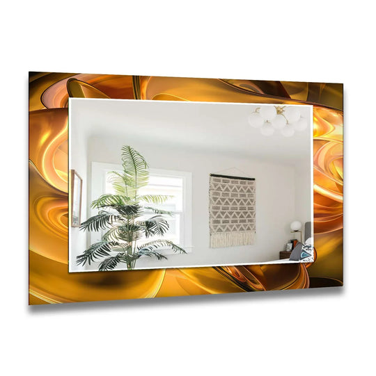 The stillness of the reflected room enhances the caramel color lines in this abstract wall mirror, offering an element of decorating with wall mirrors to any room's ambiance.