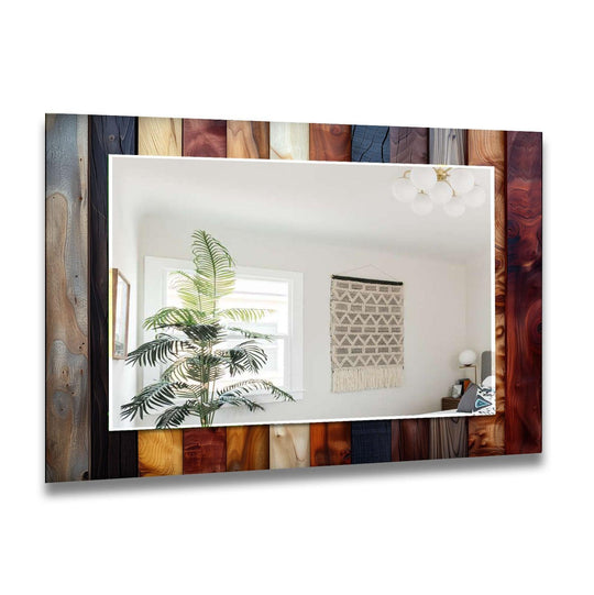 A wooden effect brown wall mirror featuring rustic charm and natural wood print reflecting a bright room interior