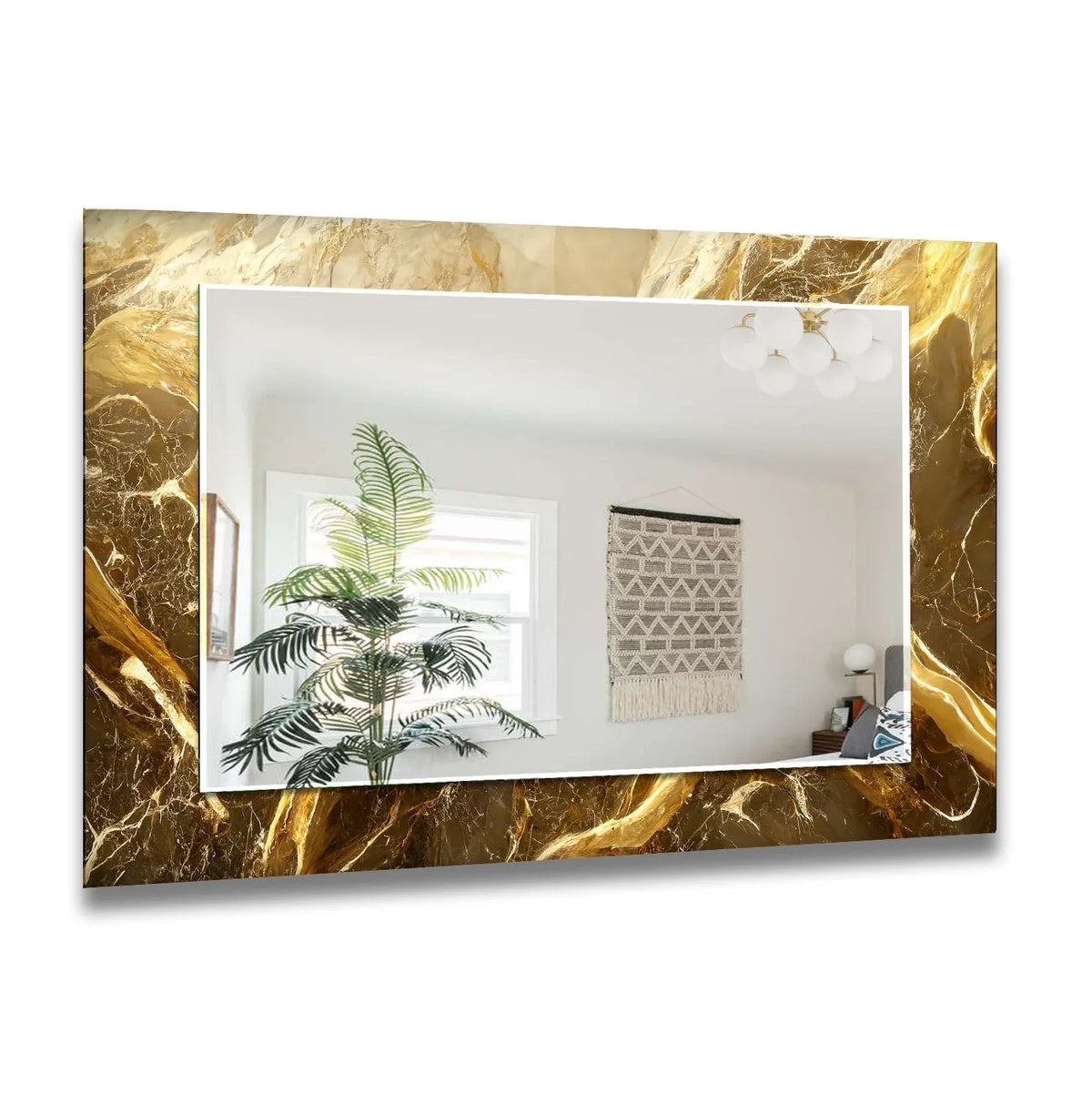 Rectangular decorative mirror featuring a geometric marble pattern frames the reflection of a modern interior.