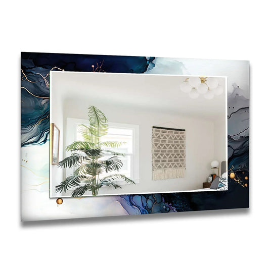 With cool blues and grays dominating the color temperature, this vivid colored marble framed wall mirror offers a soothing yet artistic ambiance.