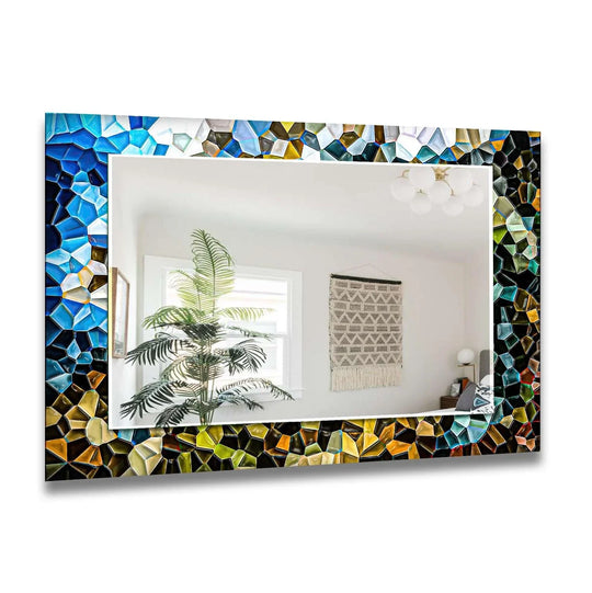 This mosaic wall mirror has a colorful geometric design and is vibrant glass art decor and bold bathroom mirrors for adding vibrance to your space