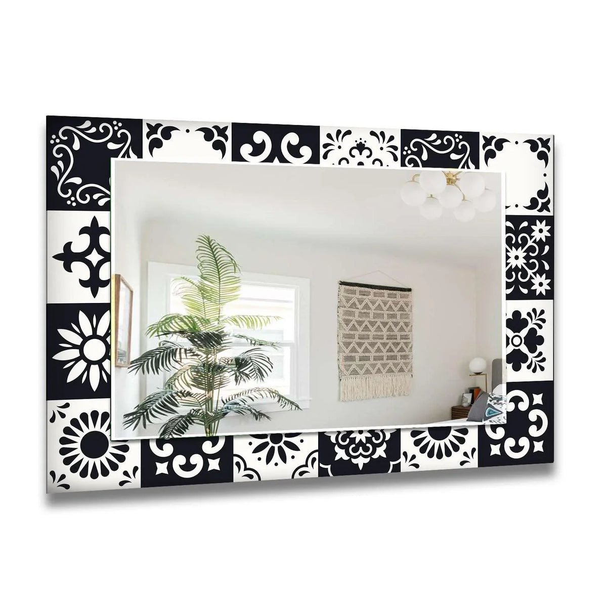 The tessellated patterns around this mosaic design bathroom mirror seem to swirl, creating a dynamic sense of movement that enlivens the reflective surface.