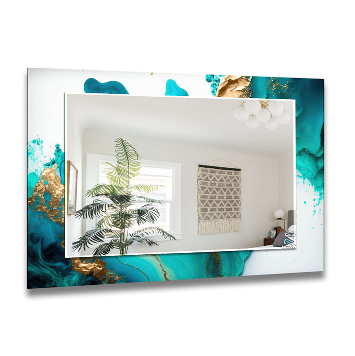 Aqua Marble Glass Wall Mirror – Turquoise Abstract Frame Design