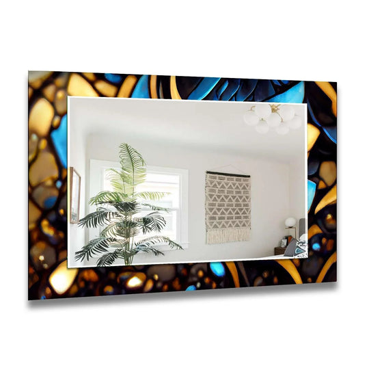 This decorative wall mirror features a black and gold stained pattern and is a living room wall mirror adding elegant home decor