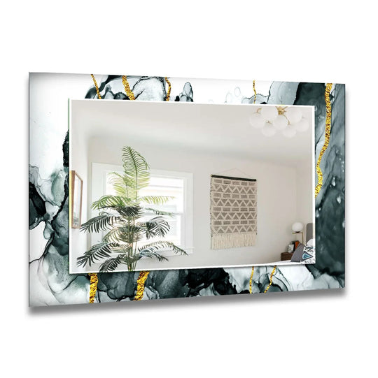 Golden Black Smoke Lighted Bathroom Mirrors with an abstract horizontal design in black white gray and gold reflecting a bright room