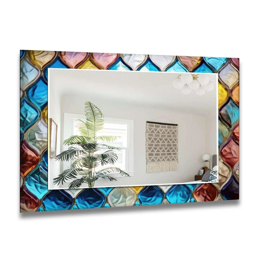 The wall mirror features blue mosaic stones and a colorful design and it is a large wall mirror and colorful glass wall art perfect for elegant decor