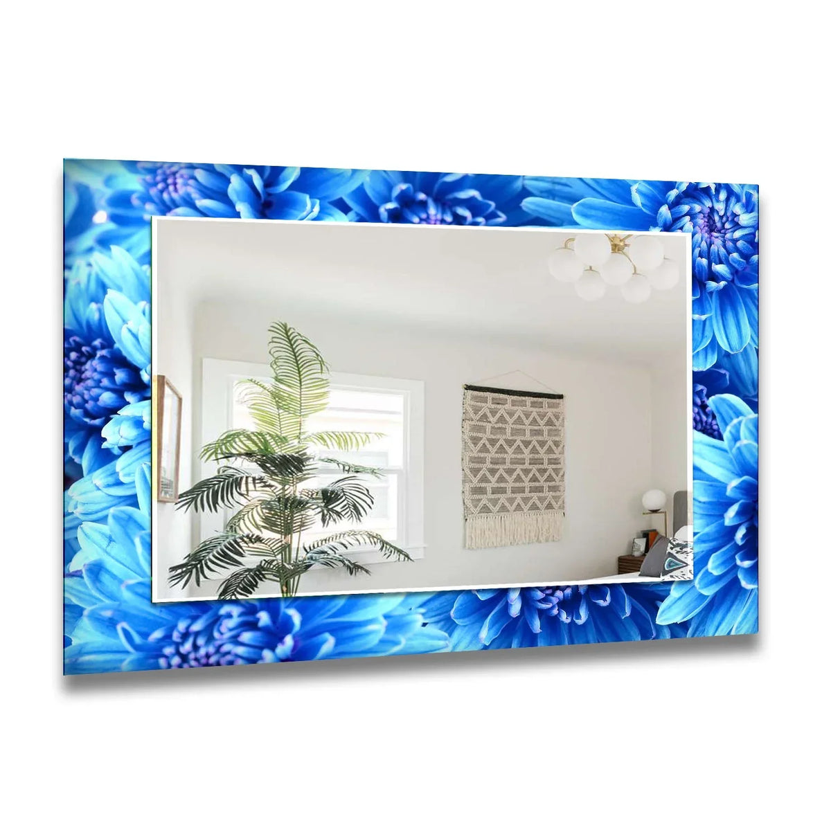 Reflecting the room with realistic detail, the big blue flowers wall mirror features a vibrant, floral design that mimics stained glass wall mirror techniques for a unique look.