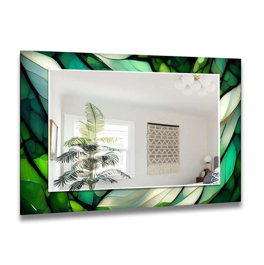 The abstract wall mirror features green and white accents and adds modern luxury as lighted bathroom mirrors