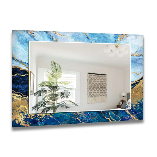 The serene light blue and navy blue framed wall mirror creates a calming mood with its luxurious tempered glass and striking gold accents.