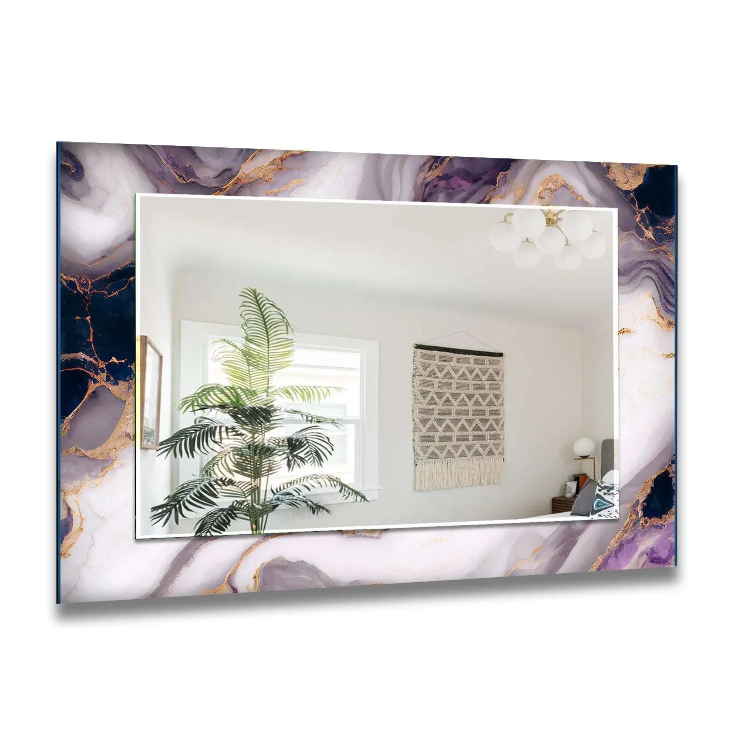 Swirling patterns of purple, gold, and white evoke organic forms within this vibrant abstract framed wall mirror, a striking piece of decorative wall art.