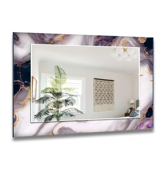 A large wall mirror with a vibrant abstract purple gold and white design serves as an artistic accent elegant and luxurious