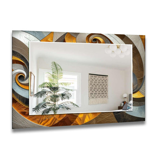 A Mirror Art with a brown orange fractal swirling geometric pattern and modern decorative design reflecting a bright room horizontally