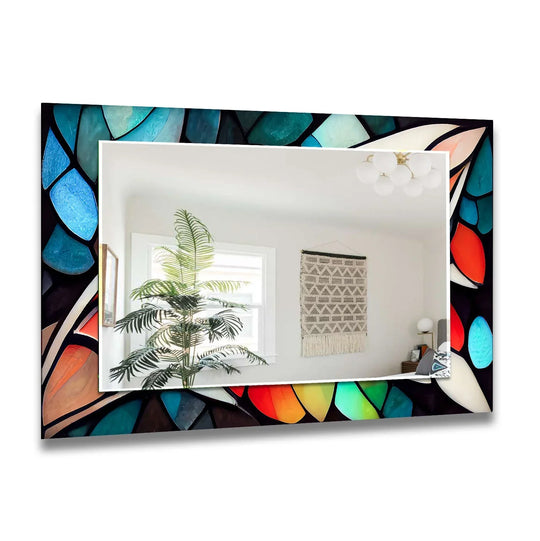 The decorative wall mirror shows blue and red stained glass style art and is a stylish stained glass mirror and a colorful statement piece for home decor