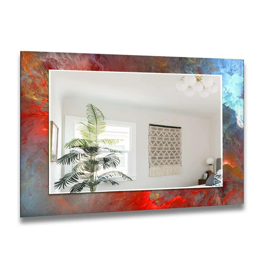 Red and Blue Wall Mirror features an abstract design of vibrant red blue and orange hues on a glass surface an artistic large bathroom mirror