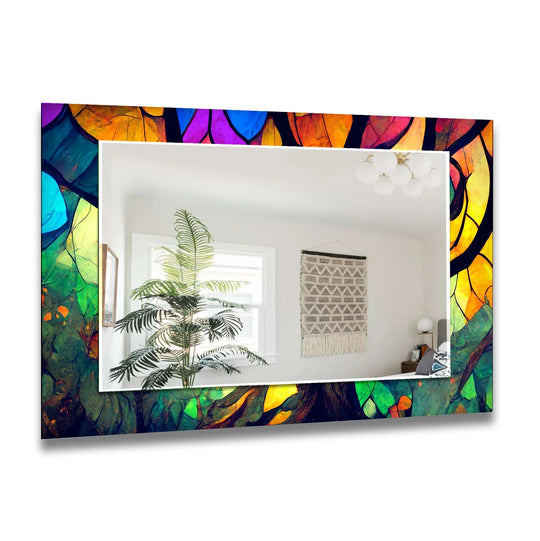 Rainbow Leaf Glass Wall Mirror – Vibrant Botanical Art Frame - MyPhotoStation