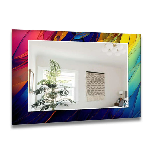 The horizontal large wall mirror features a modern colored abstract design and reflects contemporary artistic home decor ideas plus stained glass accents