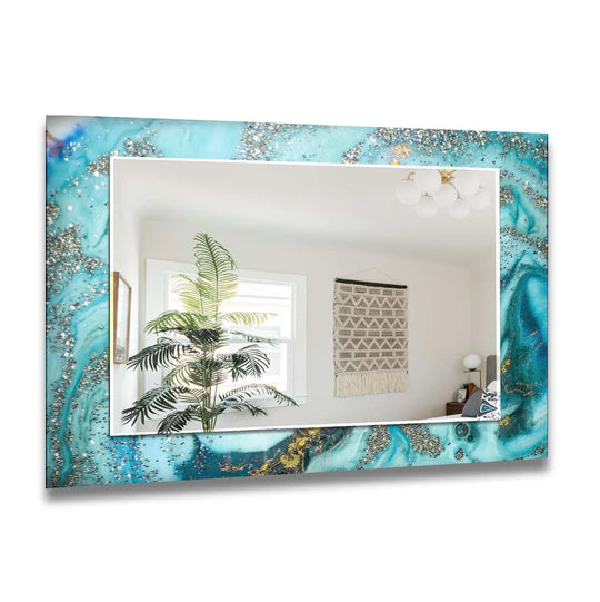 Golden Blue Wall Mirror a decorative bathroom mirror featuring an abstract design with shimmering blue turquoise gold and silver glitter