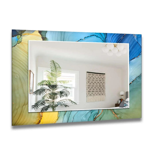 A large wall mirror showcasing a vibrant blue and yellow abstract fluid art design a horizontal artistic statement piece