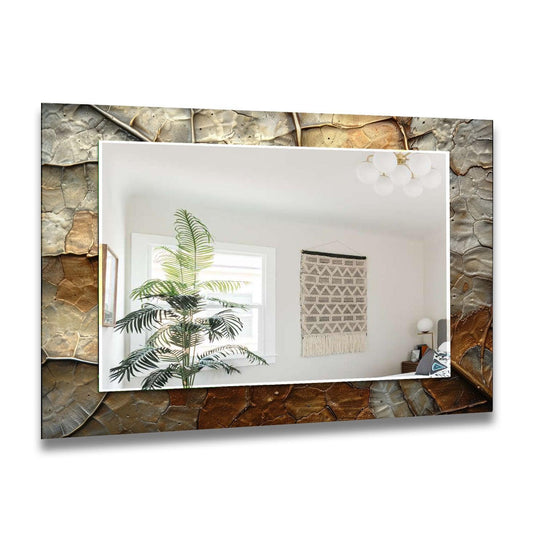 Cracked Beige Abstract Mirror Art features a modern textured design with beige and bronze shades made from durable tempered glass