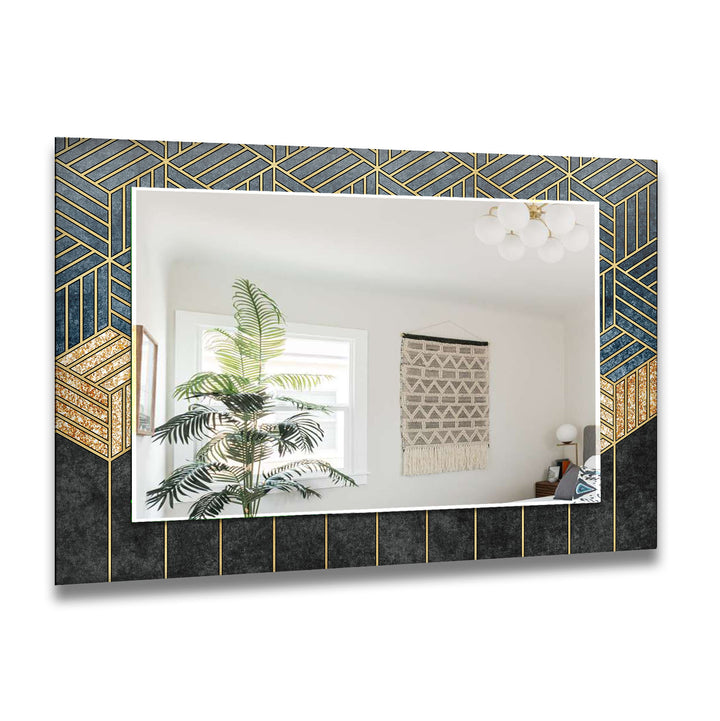 Geometric Gold & Blue Glass Wall Mirror – Modern Luxury Home Accent
