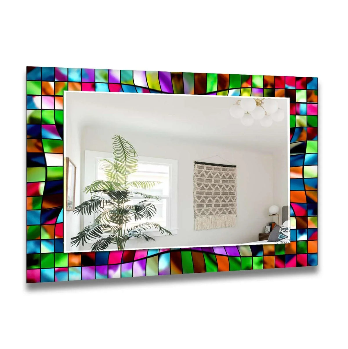 Reflecting a vibrant room, the 3D stained colored wall mirror adds a touch of modern art from glass with its colorful geometric design, offering a unique mirror for wall decor.
