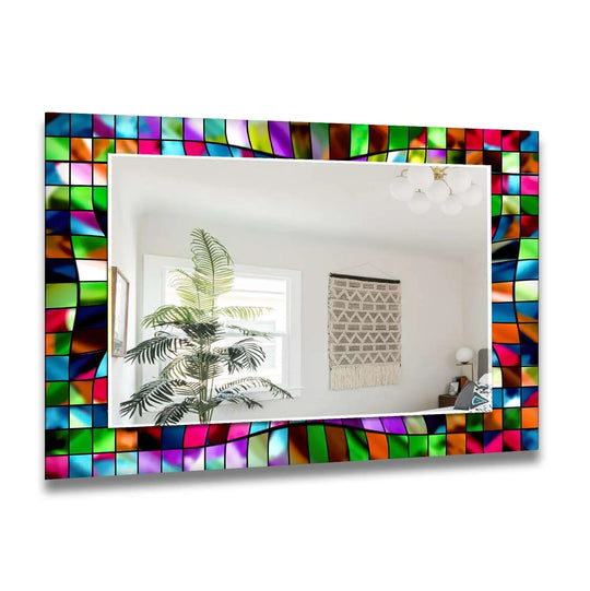 The stained colored bathroom mirror features an abstract 3D pattern and provides modern elegance and this glass wall art wall mirror transforms any space with its unique design