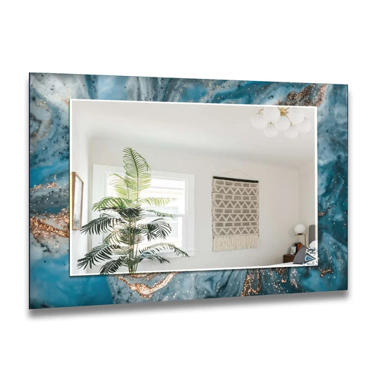 Reflecting realistic detail, the sea blue and bronze wall mirror for wall decor showcases a high-definition reflection and an intricately crafted frame, resembling elegant glass art.