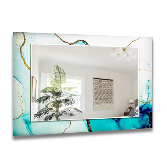 A Turquoise & White Golden Decorative Wall Mirror with an elegant abstract fluid design in turquoise white and deep blue and shimmering gold lines