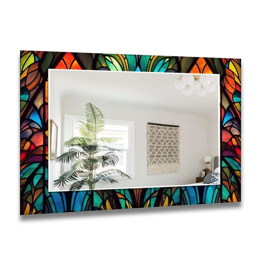 The stained wall mirror features a pattern of leaves and colors and is a large wall mirror a modern mirror perfect to transform home decor