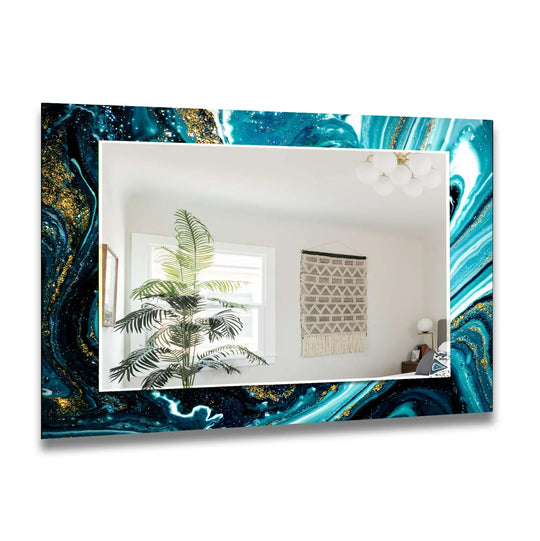 Ocean Swirl Glass Wall Mirror – Turquoise Black Marble Design - MyPhotoStation