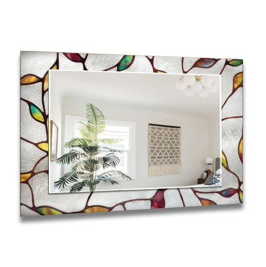 White Tree Details abstract wall mirror with a textured frame featuring colorful leaf accents and intricate tree designs
