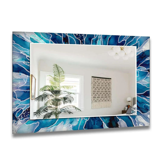 The blue and white cracked wall mirror features an abstract art design and is a stunning blue wall mirror art piece for home decor and stained glass mirror collections