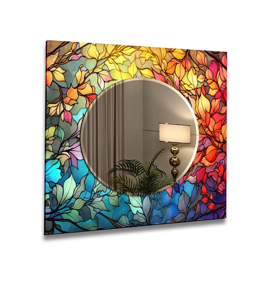 The wall mirror features a stained trees design with colorful foliage and is a unique mirror art piece perfect as nature inspired decor
