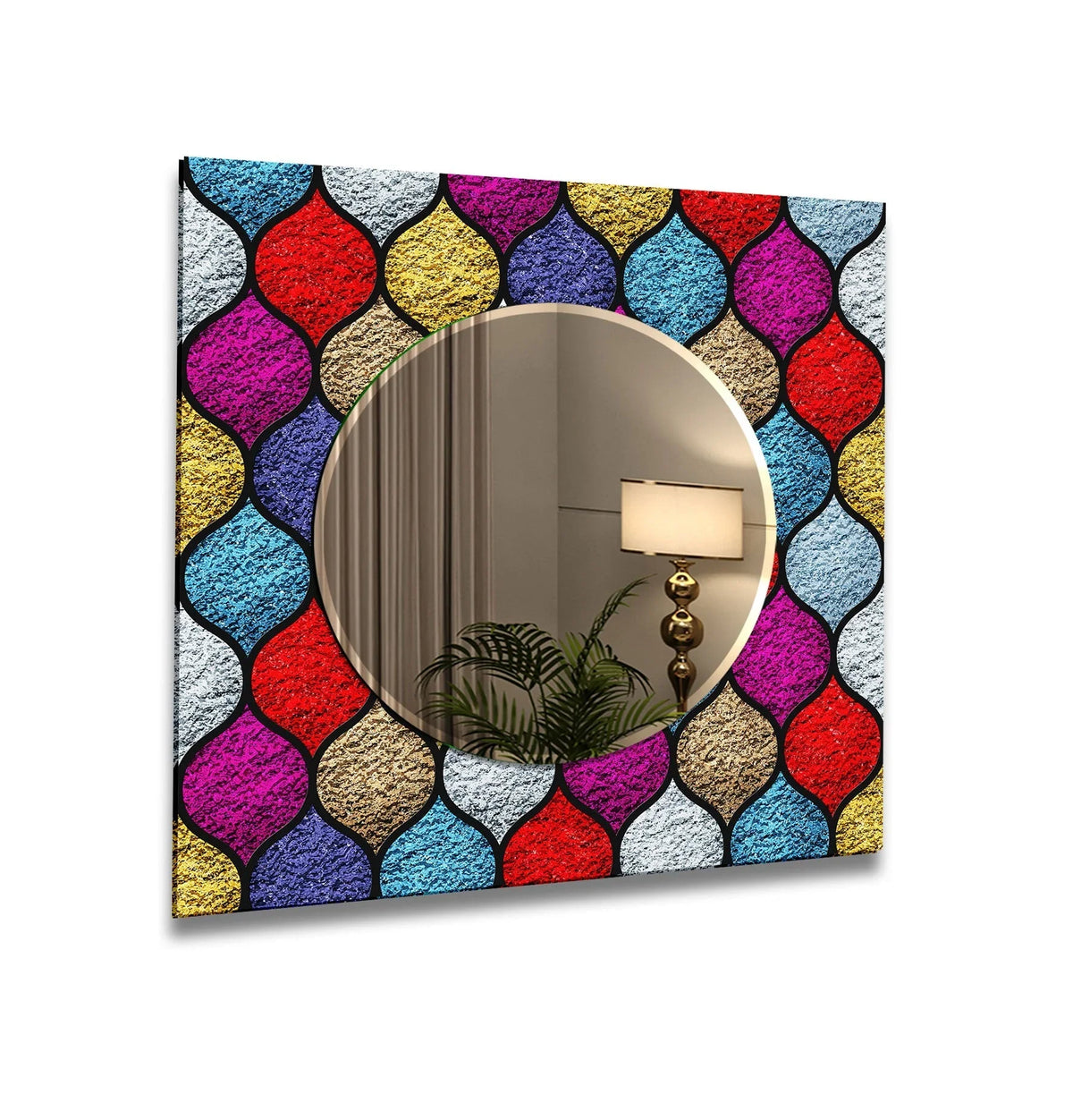 Set against the colorful stained wall, the geometric background amplifies the design of this unique mirror for wall decor.