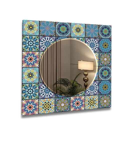 Mirror Art with colorful blue yellow and red mosaic patterns a vibrant mosaic wall mirror and abstract mirror design
