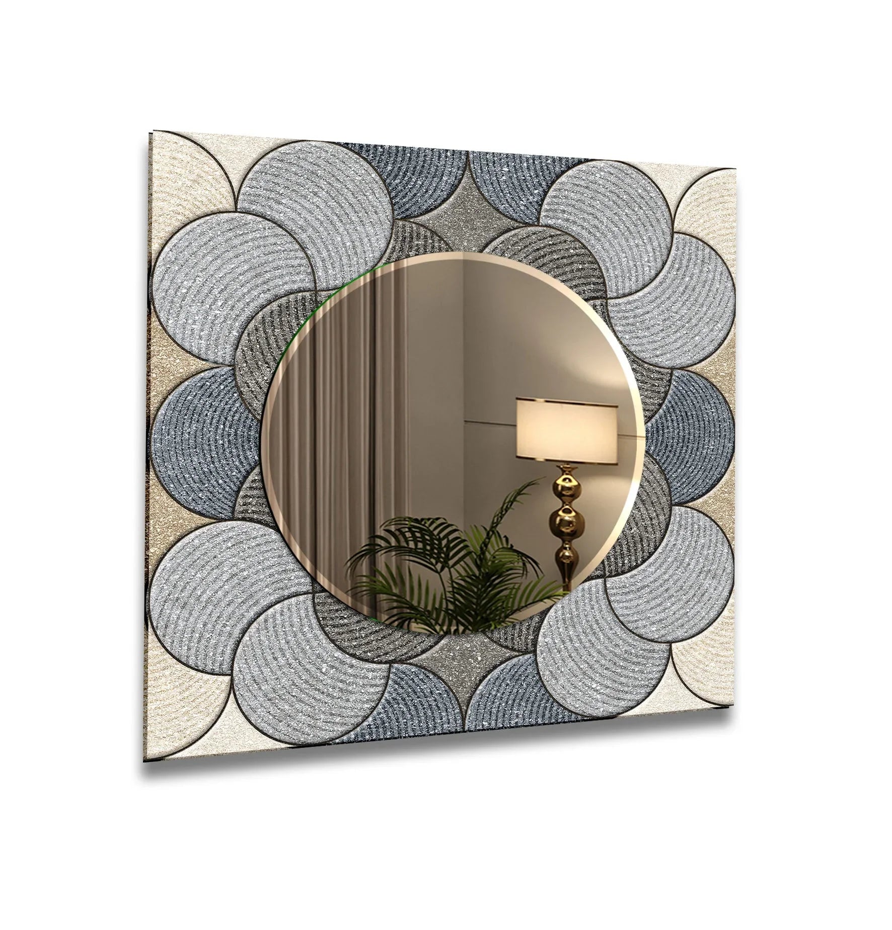 Square decorative mirror features a circular reflective surface surrounded by beige and gray circle designs, oriented for wall-mounted home decoration.